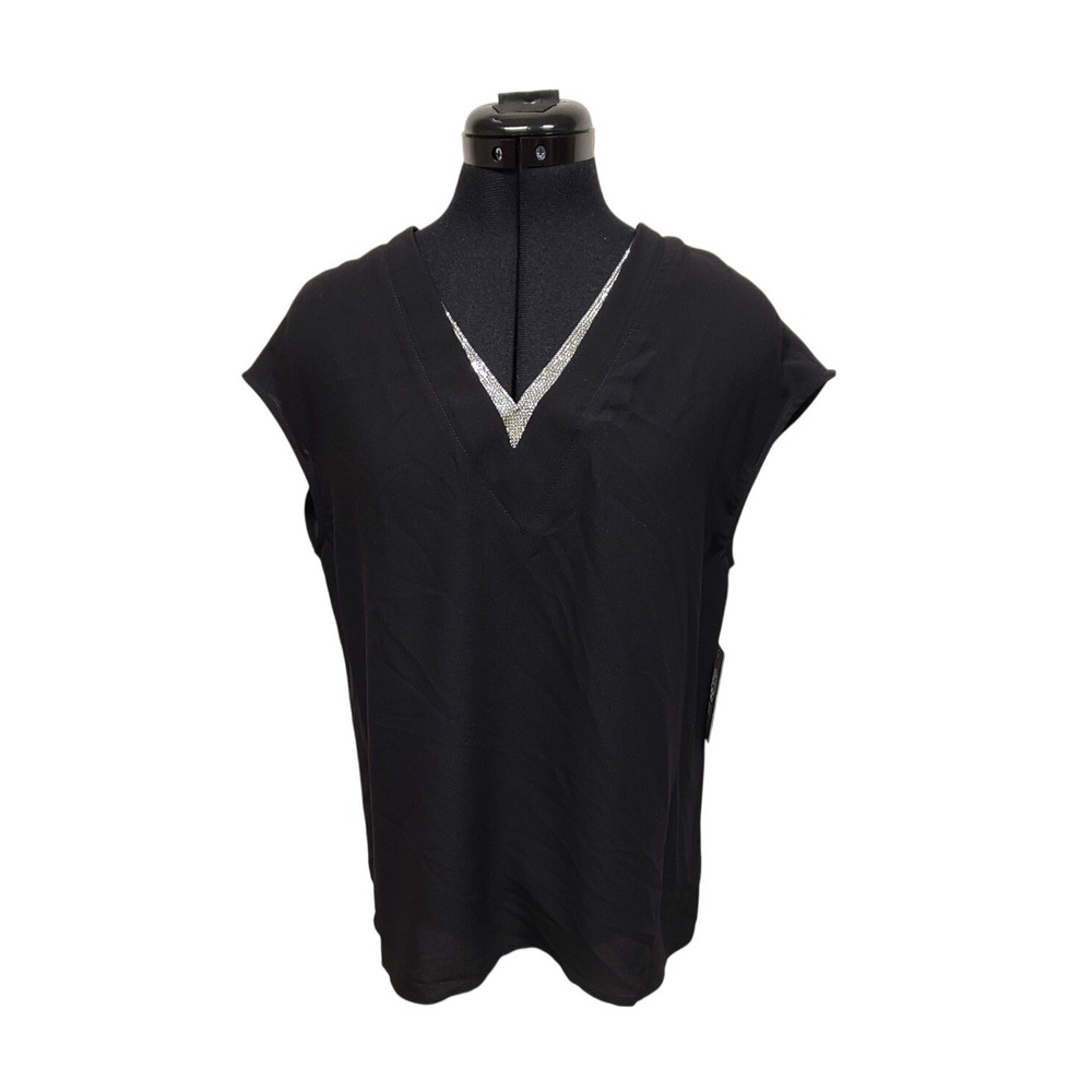 Vince Camuto Black Sleeveless V Neck Rhinestone Trim Top Blouse Shirt Size S‎